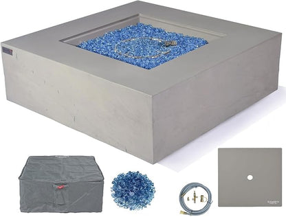 Elementi+ | Bergen Gas Fire Pit Cast Concrete 40" Square Fire Table, Outdoor Fire Pit Electronic Ignition | Canvas Cover, Fire Glass and Burner Lid Included | Dark Gray | Natural Gas