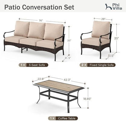 PHI VILLA Outdoor Modern Patio Furniture Set, Upgraded Wicker&Metal Patio Furniture Conversation Set with Waterproof Thick Cushions for Porch, Poolside, Deck, and Yard (4 Pieces,Beige)