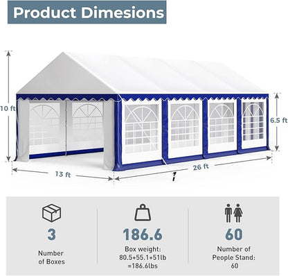 GREEN PARTY 13x26FT Party Tent Heavy Duty, Large Wedding Event Shelters with 3 Carry Bags & Removable Sidewalls, Outdoor Canopy Gazebo Commercial Tent for Carport Camping Garden Patio
