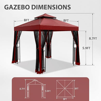 EAGLE PEAK 8x8 Patio Gazebo with Mesh Netting, Double Roof Outdoor Pavilion with Corner Shelves for Lawn, Deck, Garden and Backyard, Red