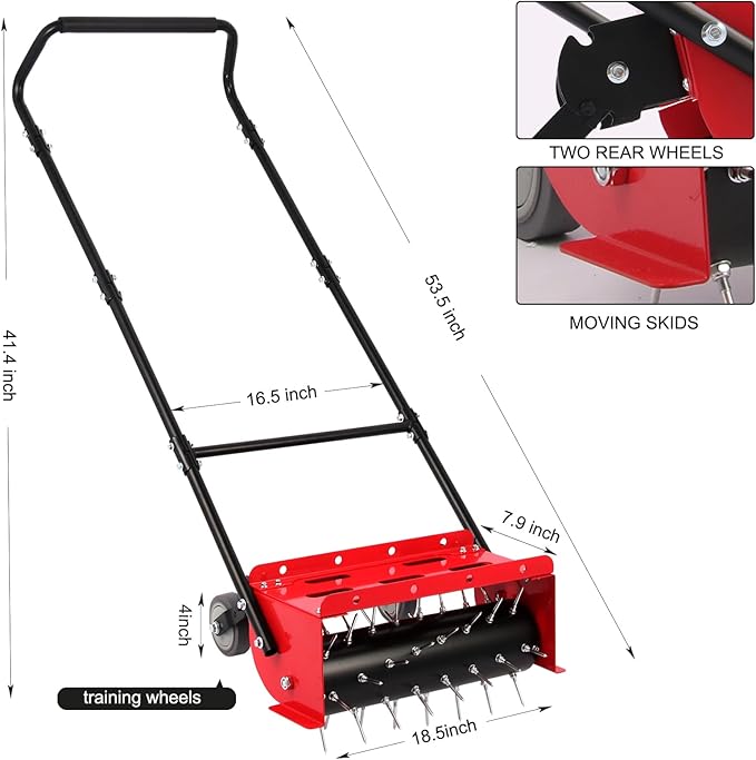 sancat 18.5 inch Push Spike Aerator, Lawn Aerator Tool with Side skids,Aerator with Two Height Adjustable Wheel,Rolling Aerator Suitable for Lawn, Garden and Yard