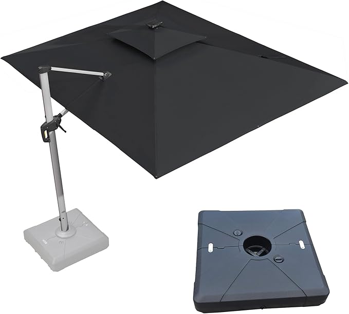 PURPLE LEAF 9' X 12' Solar Powered LED Rectangle Cantilever Umbrella With Base Patio Umbrellas Windproof Hanging Umbrella Outdoor Offset Umbrellas, Black