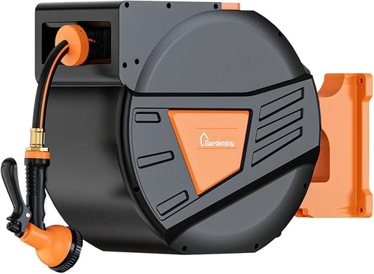 GARDENJOY Retractable Garden Hose Reel, 65 ft x 5/8 inch Heavy Duty Garden Hose with 180°Swivel Wall Mounted Bracket, 10 Pattern Sprayer Nozzle, Any Length Lock & Slow Return System