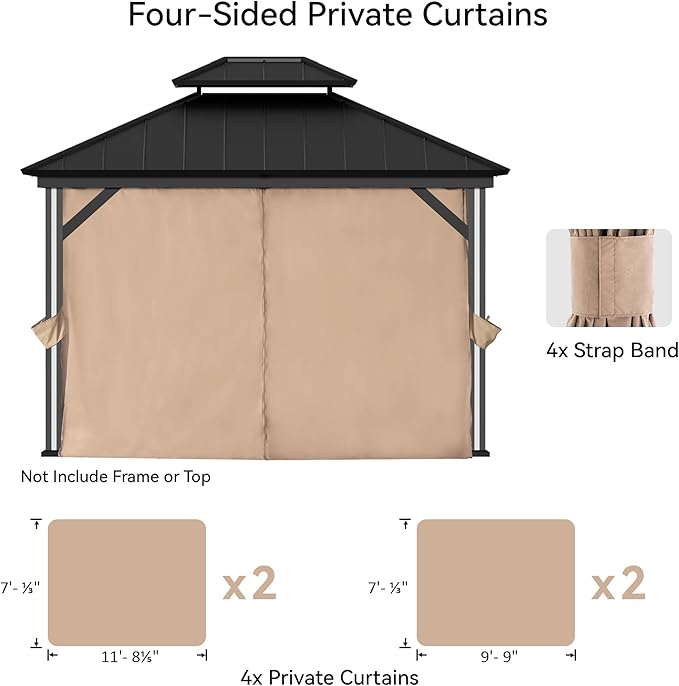 Gazebo Curtain Replacement Universal 4-Panel Sidewalls 10' x 12', Outdoor Gazebo Privacy Curtains with Zipper, Replacement for Outdoor, Patio Canopy, Garden and Backyard (Curtain Only)