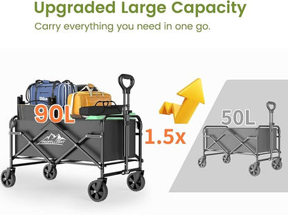 Collapsible Wagon Cart with 5" Removable 360° Swivel Wheels & Handle Adjustable, 220lbs Capacity， Waterproof 600D Oxford Fabric & MDF Base, All-Terrain Portable Utility Cart for Shopping, Garden， Pet