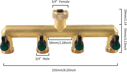 Heavy Duty Solid Brass 4 Way Hose T Tap Connection with 4 Individual On/Off Valve and Extended Handle, Garden Outdoor Pipe Tap Splitter