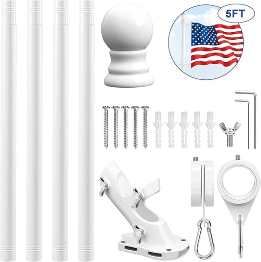 REERON House Flag Pole kit, 5 FT Metal Spinning Flag Poles Kit, 1" Tangle Free Stainless Steel Flagpole with 360° Flagpole Rings & 2-Position Bracket for Outside House Porch Wall Mount for 3x5 Flag