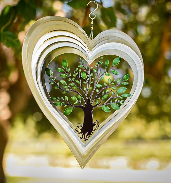 ISEO Silver Heart Wind Spinner for Yard and Garden, Hanging Outdoor Decor, Porch and Patio Decorations, Weather Resistant, 12”