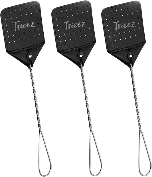 3 Pack Sturdy Leather Fly Swatter - Heavy Duty Flyswatter with Durable Metal Handle, 17.5” Rustic Bug Swatter for Flies, Bees, and More