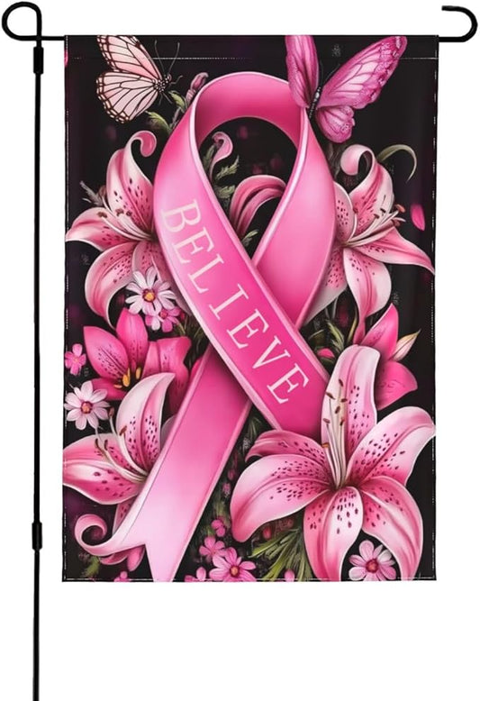 Breast Cancer Garden Flag Vertical Double Sided Outdoor Yard Flags 12.5x18 Inch Burlap Banners for House Lawn