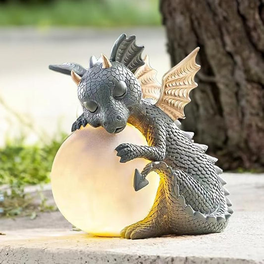 8.6" Solar Dragon Garden Statue, LED Figurine Light, Resin Outdoor Sculpture, Solar Powered Yard Art, Night Garden Light, Solar Landscape Path Light Ornament, Lawn Solar Lighting Figurine Art