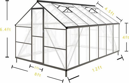 CQZY 8x12 FT Greenhouse for Outdoors, Polycarbonate Greenhouse with Quick Setup Structure and Roof Vent, Aluminum Large Walk-in Green House for Outside Garden Backyard, Dark Gray