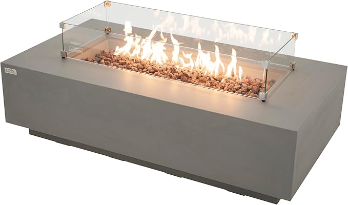 AMS Creations | Madison 60" Bundle Rectangular Propane Gas Outdoor Fire Pit Table | Light Gray Concrete GFRC | Smooth Texture or Surface | Electronic Ignition | Outside Backyard Fireplace