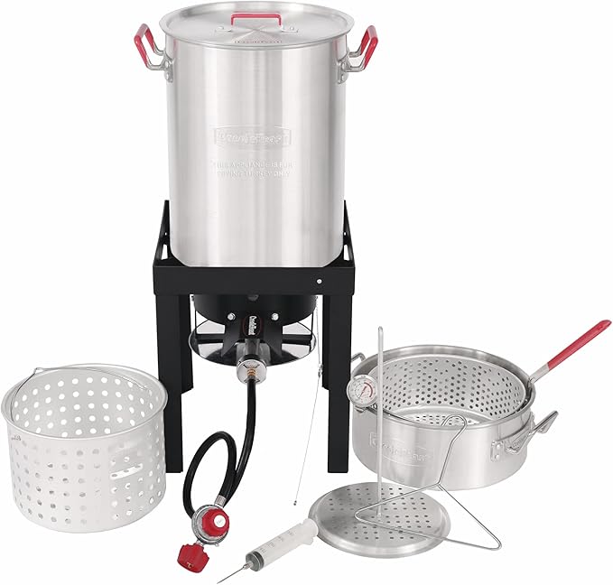 Creole Feast TFP1030 30 Qt. Turkey Fryer and 10 Qt. Fish Fryer Kit with 50,000 BTUs Propane Burner, Outdoor Deep Fryer & Seafood Boiler Steamer for Outdoor Cooking, Silver & Black
