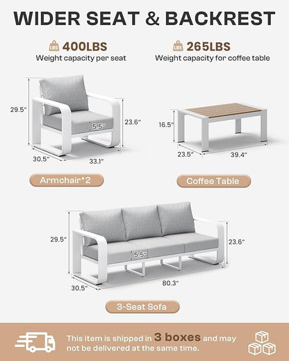 Aluminum Outdoor Patio Furniture Set 4 Piece, Oversized Patio Conversation Sets Widened Armrest & Ultra-Thick Cushions, Deep Seating Modern Sectional Furniture for Backyard, Porch, White