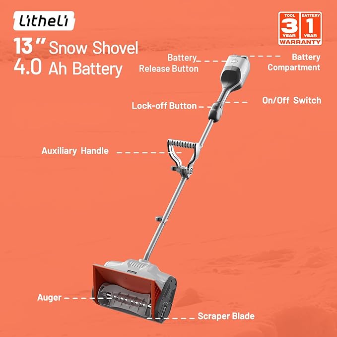 Litheli Electric Snow Shovel Cordless 2x20V, Brushless Lightweight Battery Powered Snow Blower with 4.0Ah Battery, Easy Snow Removal Tool for Driveways, Sidewalks, Patios and Decks