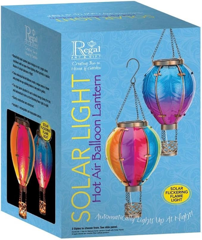 Regal Art & Gift Hot Air Balloon Solar Lantern – Hanging Solar-Powered LED Lights, Waterproof Portable Decorative Outdoor Lamp Made of Metal & Glass for Garden, Patios & Pathway – Rainbow(Small)