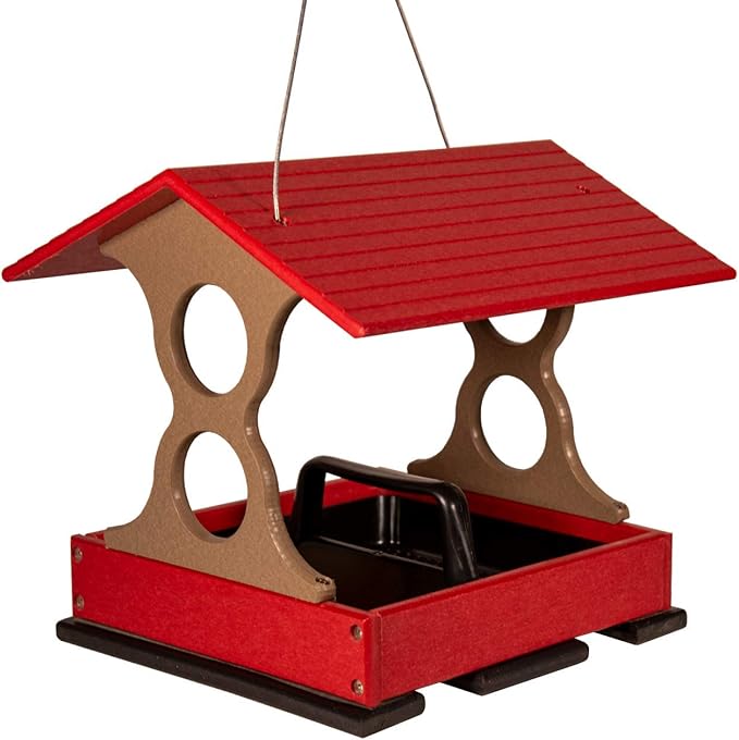 JCS Wildlife Medium Poly Fly-Thru Bird Feeder w/Removable Seed Tray - Holds 4 Cups of Bird Seed to Attract Cardinals, Chickadees, and More Backyard Birds (Red and Tan)