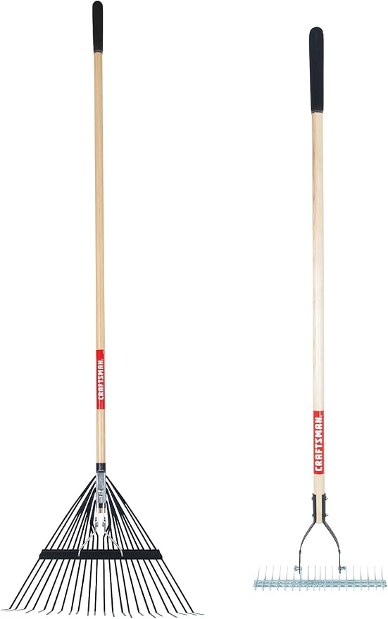 CRAFTSMAN 2-Piece Raking Set with Lawn & Thatching Rakes, Wood Handles with Cushion Grips, for Leaves, Dethatching, Dead Grass, Cultivating