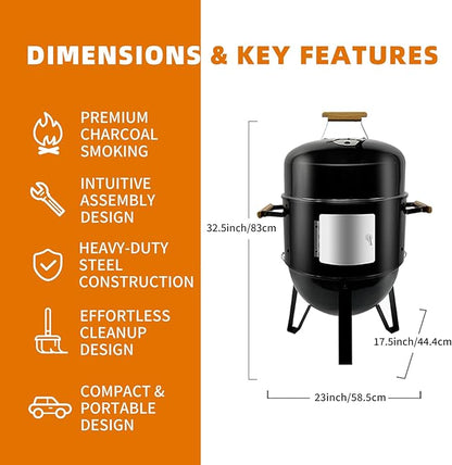 Realcook BBQ Charcoal Smoker Grill: Heavy Duty 17 Inch Vertical Meat Smokers - Porcelain-Enameled Charcoal Grill Smoker Combo for Outdoor Cooking Backyard Picnic Party Grilling