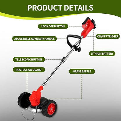 Wood Ranger Weed & Lawn Trimmer,3 in 1 Cordless Grass Trimmer,24V Cordless String Trimmer, Wheeled Weed Eater with 2 Batteries, Electric Lawn Edger Tool Set, 6-Inch Cutting Width(Red)