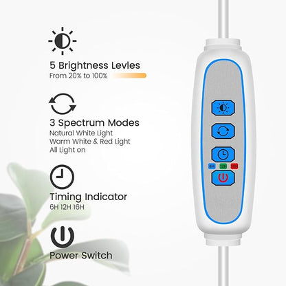 Garpsen Grow Light, Full Spectrum LED Plant Lights with Stand, 3 Color Modes Floor Grow Lamp with Timer 6/12/16H, 5 Dimmable Levels, 67'' Adjustable Height for Indoor Large Plants(White)