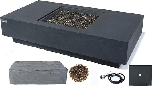 Elementi+ | Cannes Gas Fire Pit Cast Concrete 60" Rectangular Fire Table, Outdoor Fire Pit Electronic Ignition | Canvas Cover, Fire Glass and Burner Lid Included | Dark Gray | Propane Gas
