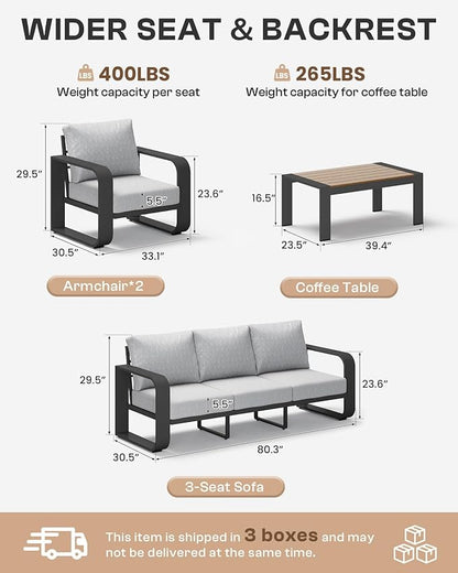 Aluminum Outdoor Patio Furniture Set 4 Piece, Oversized Patio Conversation Sets Widened Armrest & Ultra-Thick Cushions, Deep Seating Modern Sectional Furniture for Backyard, Porch, Gray
