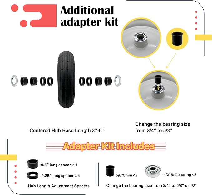 2-Pack 4.80-8 Wheelbarrow Tire with Rim 3"-6''Centered Hub, 3/4" or 5/8''or 1/2'' Bearings, 16‘’ Tire Assembly for Hand Truck,Garden Cart (4.80/4.00-8 Tube Type,3" Center Hub,RibbedTread)