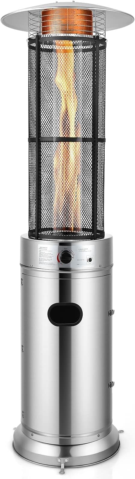 COSTWAY Outdoor Propane Patio Heater, 40,000 BTU Propane Heater with Dancing Flame, Portable Wheels, Stainless Steel Pyramid Floor-Standing Outdoor Heater for Balcony Backyard Garden, Silver