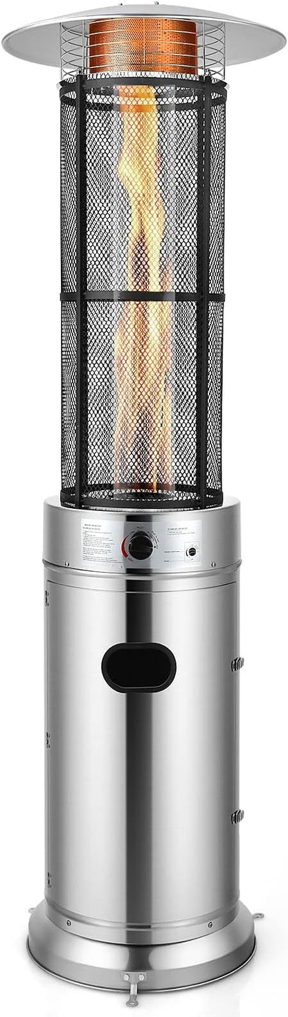 COSTWAY Outdoor Propane Patio Heater, 40,000 BTU Propane Heater with Dancing Flame, Portable Wheels, Stainless Steel Pyramid Floor-Standing Outdoor Heater for Balcony Backyard Garden, Silver