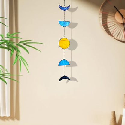 Celestial Blue Stained Glass Sun and Moon Window Hanging Handmade Stained Glass Suncatcher Boho Home Decor Sun Catcher for Indoor Window Panel Mystic Gift for Women
