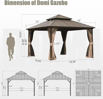 Domi 12'x12' Hardtop Gazebo Canopy,Outdoor Metal Gazebo with Galvanized Steel Double Roof,Curtain and Netting,Permanent Pavilion for Patio Deck,Backyard