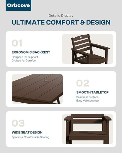 Patio Table and Chairs Set with Umbrella Hole, HDPE Patio Dining Set for 6, Outdoor Dining Set for Lawn, Patio, Porch, Deck, Poolside, Yard (Mahogany, 7-Piece)