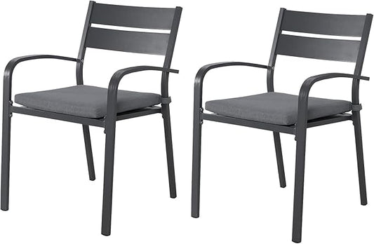 Soleil Jardin Outdoor Aluminum 2-Piece Patio Dining Chairs with Cushions, Stackable Bistro Chairs for Balcony, Garden, Backyard, Dark Grey Finish & Grey Cushion