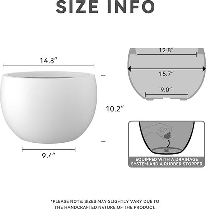 Kante 15.7" Dia Round Concrete Planter, Outdoor/Indoor Large Bowl Plant Pots with Drainage Hole and Rubber Plug for Garden Patio Balcony Home, Pure White