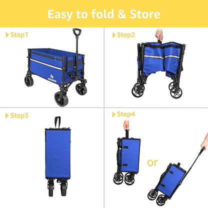 Collapsible Wagon Cart with Wheels Foldable - Folding Utility Heavy Duty Wagons Carts for Grocery Sports Garden Shopping Camping Wheelbarrows (Blue, 120L)