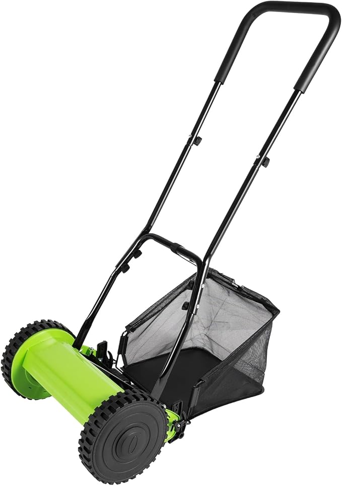 12 Inch 5-Blade Push Reel Lawn Mower, Cordless Manual Lawn Mower with Grass Catcher, Adjustable Cutting Height, Walk-Behind Lawn Mowers for Yard, Garden