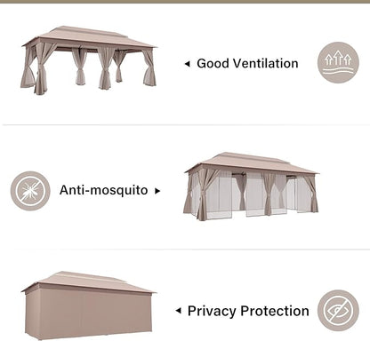 LAUSAINT HOME Outdoor Patio Gazebo 10'x20' with Expansion Bolts, Heavy Duty Party Tent & Shelter with Double Roofs, Mosquito Nettings and Privacy Screens for Backyard, Garden, Lawn, Champagne Khaki