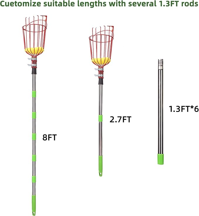 8FT Fruit Picker with Large Basket Telescoping Fruit Picker Pole Foam Padding Prevents Bruising Suitable for Apples Mangoes Pears Oranges Avocados, Red (Pole Included)