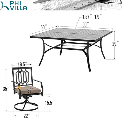 PHI VILLA 9 Piece Outdoor Dining Set for 8, Square Metal Table (60") with Umbrella Hole and Swivel Chairs with Cushions– Perfect for Patio, Garden, Deck, Porch, and Backyard
