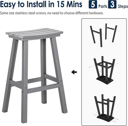 nalone 29 Inch Outdoor Bar Stools Set of 2, HDPE Bar Chairs with Footrest, Weather Resistant Barstools Outside Counter Height Stools for Yard, Balcony (Grey, 29'' Barstools Set of 2)