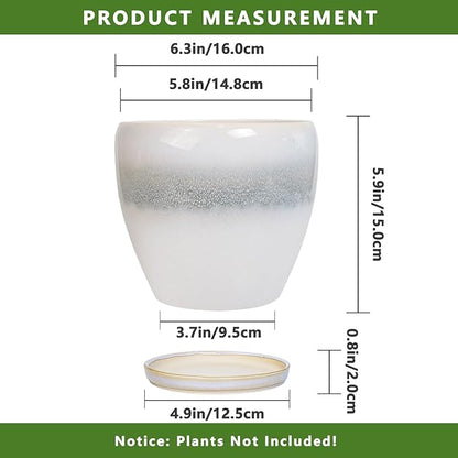 6 Inch Plant Pot - Ceramic Planters for Indoor Ourdoor Plants, Modern Succulent Pot, Round Planter with Drainage Hole and Saucer, Room Office Garden Home Decor, Plant Lover Gifts, White-Grey