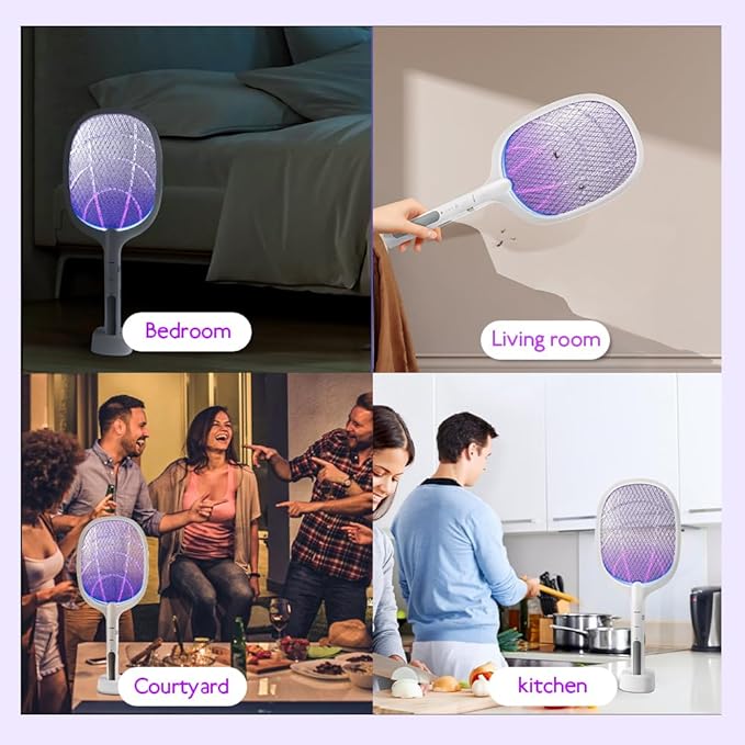 Electric Fly Swatter Indoor & Outdoor 3000V Bug Zapper Racket Dual Modes Mosquito Killer with Purple Mosquito Light Rechargeable Fly Zapper for Indoor Home Office Backyard Patio Camping
