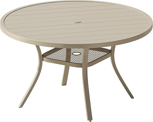 VICLLAX Outdoor Patio Round Dining Table, 47"x 47" Metal Slatted Round Tabletop with Adjustable Umbrella Hole for Deck Lawn Garden Backyard, Sandshell