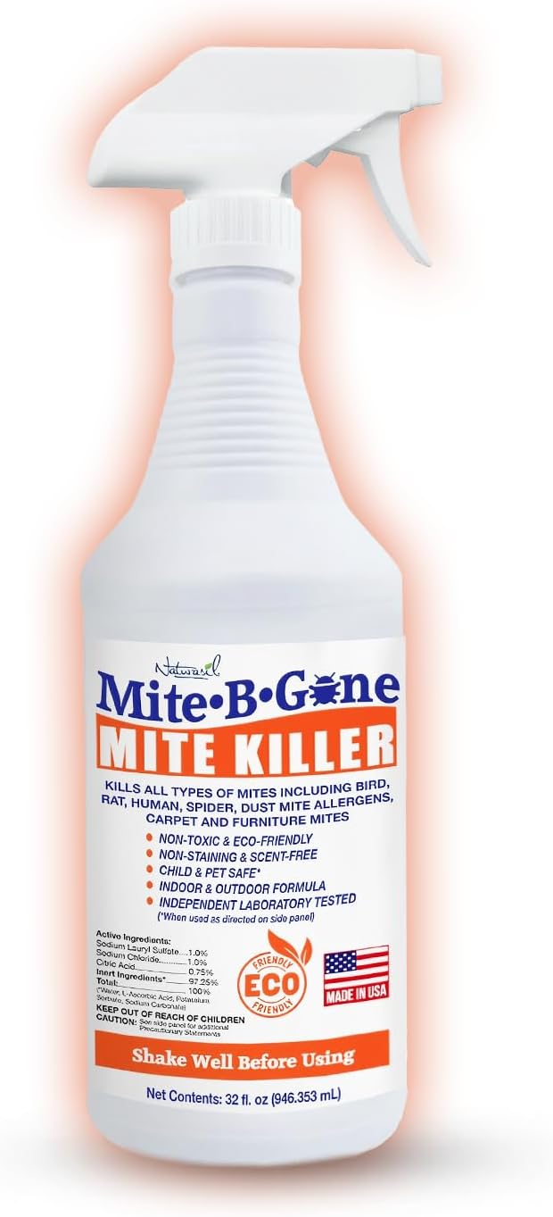 Mite Killer Spray by Mite-B-Gone — Kills Human Mites, Dust, Spider, Rat, Carpet & Bird Mites in Homes, Furniture, Bedding, Auto & On Animals | Non-Toxic | Kid & Pet Safe | 32oz Spray