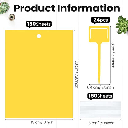 Qualirey 150 Pcs 6 x 8 Inch Sticky Traps for Gnats Dual Sided Fruit Fly Sticky Traps for Indoor and Outdoor Plant with Twist Ties and Plastic Holders for Flying Plant Insect, Fungus Gnats (Yellow)