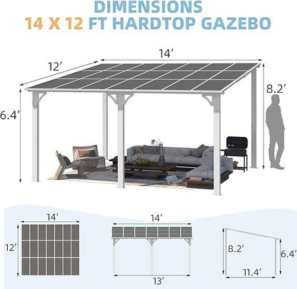 AECOJOY 14' x 12' Gazebo Outdoor Pergola for Patio, White Large Wall-Mounted Hard Top 12x14 Lean to Metal Gazebo Shelter Pergolas and Gazebos Clearance with Patio Roof, Heavy Duty Awnings for Patio