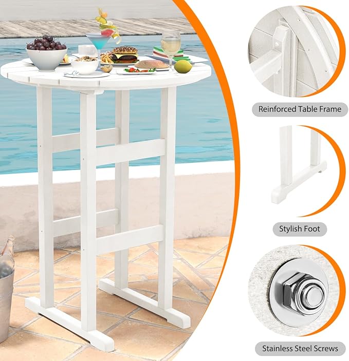 Sundale Outdoor Adirondack Round Bar Table, 39 Inch Height Patio Large Pub Table for 4, All Weather HDPE High Top Bistro Counter Tabl for Outside Deck Porch Balcony Poolside (White)