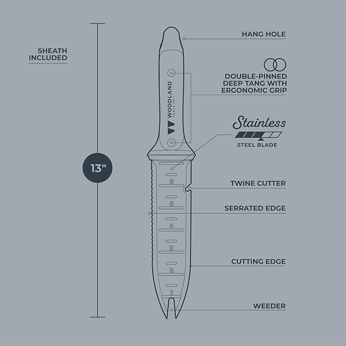 WOODLAND TOOLS Heavy Duty Hori Hori Garden Knife - Stainless Steel Soil Knife with Serrated Edge, Depth Markings, and Ergonomic Grip, Multi-Use Weeding and Digging Tool with Sheath for Gardening